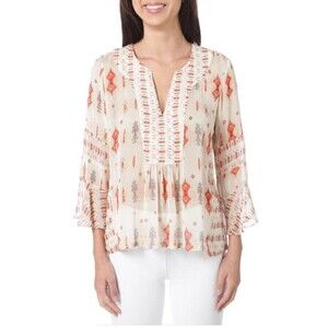 Lucky Brand Womens Split Neck Orange Tribal Geometric Sheer Flutter Sleeve Sz L